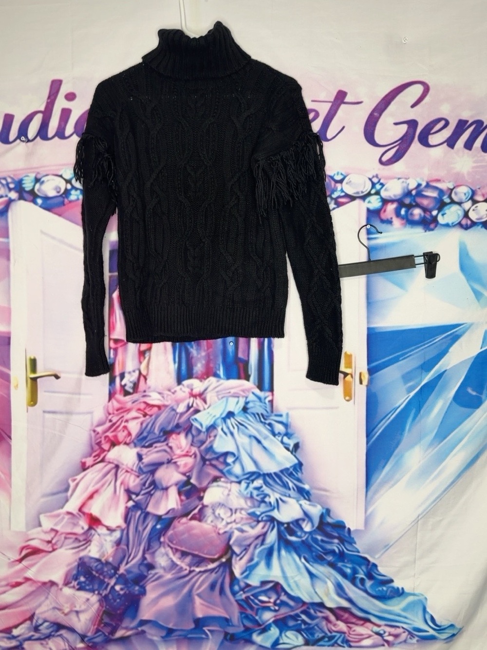 Lauren Ralph Lauren Black Cable-Knit Fringe Turtleneck Sweater